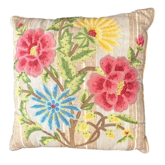 Pier 1 Floral Embroidered Floral Throw Pillow Square Beige Yellow Pink Blue 12" - Picture 1 of 5